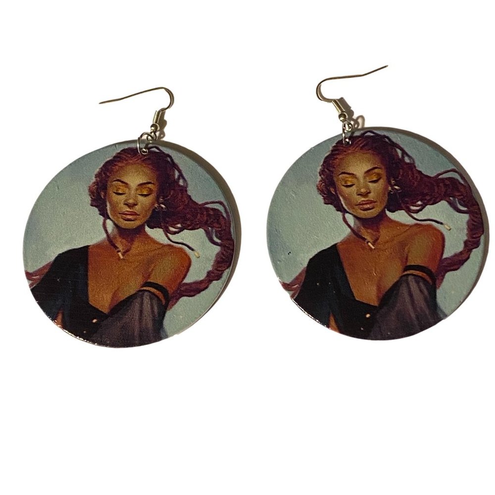 Wooden painted on both sides round drop earrings